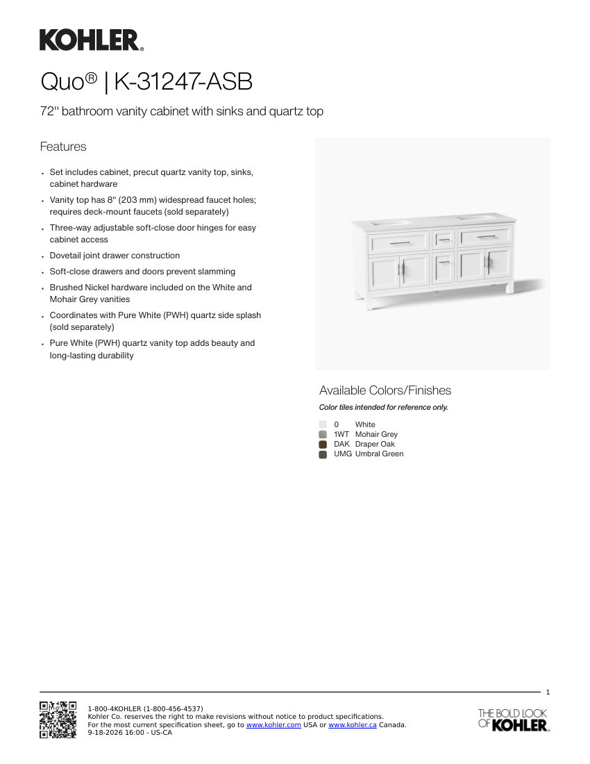 Kohler 31247-ASB cut sheet — first page