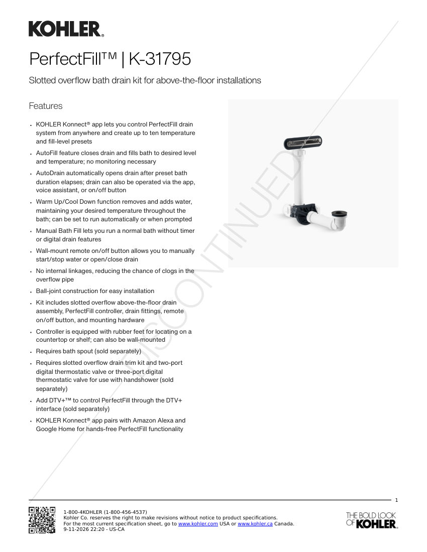 Kohler 31795 cut sheet — first page