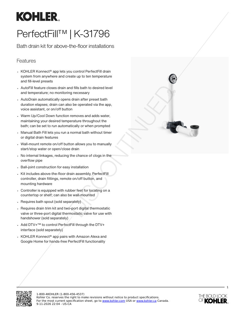 Kohler 31796 cut sheet — first page