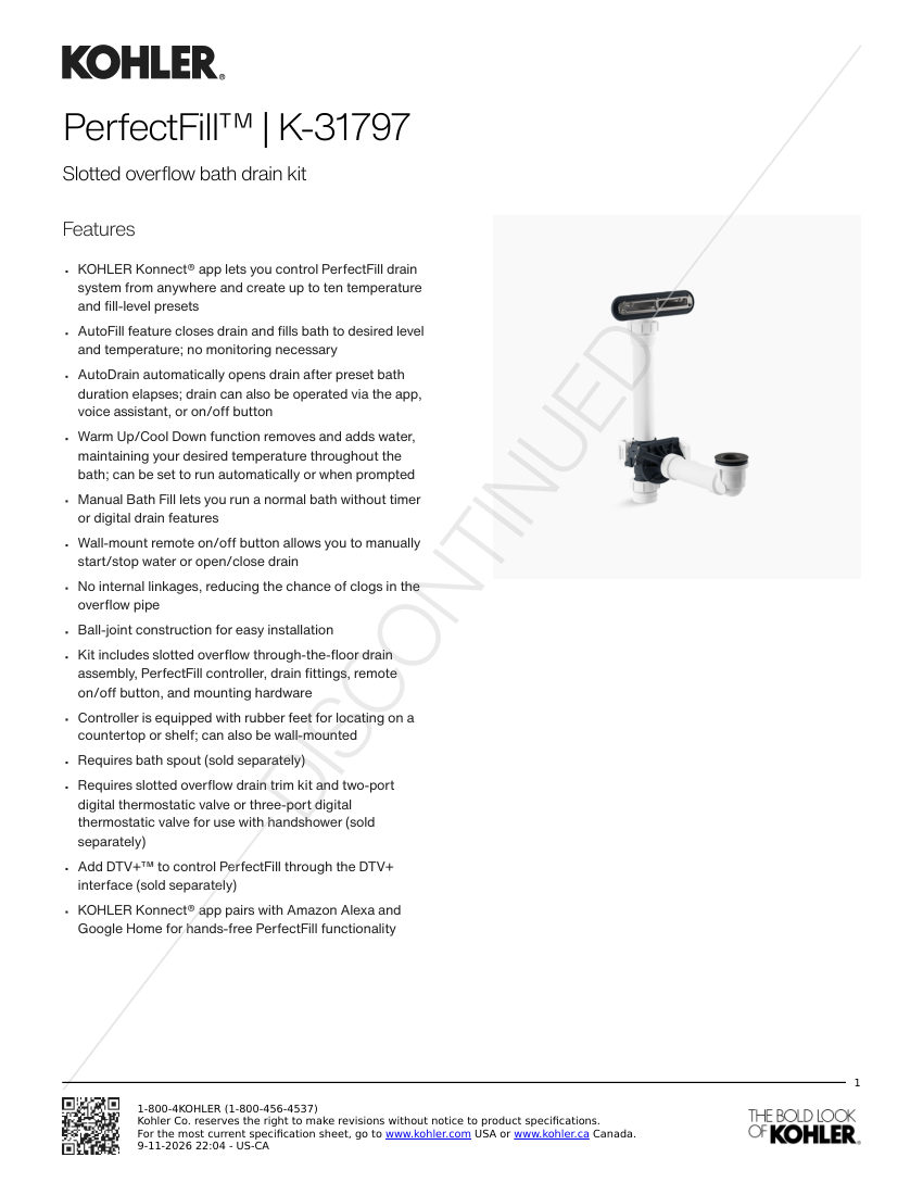 Kohler 31797 cut sheet — first page