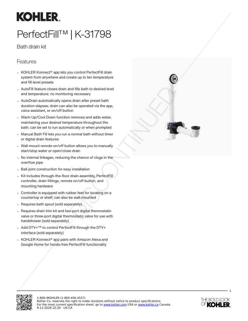 Kohler 31798 cut sheet — first page
