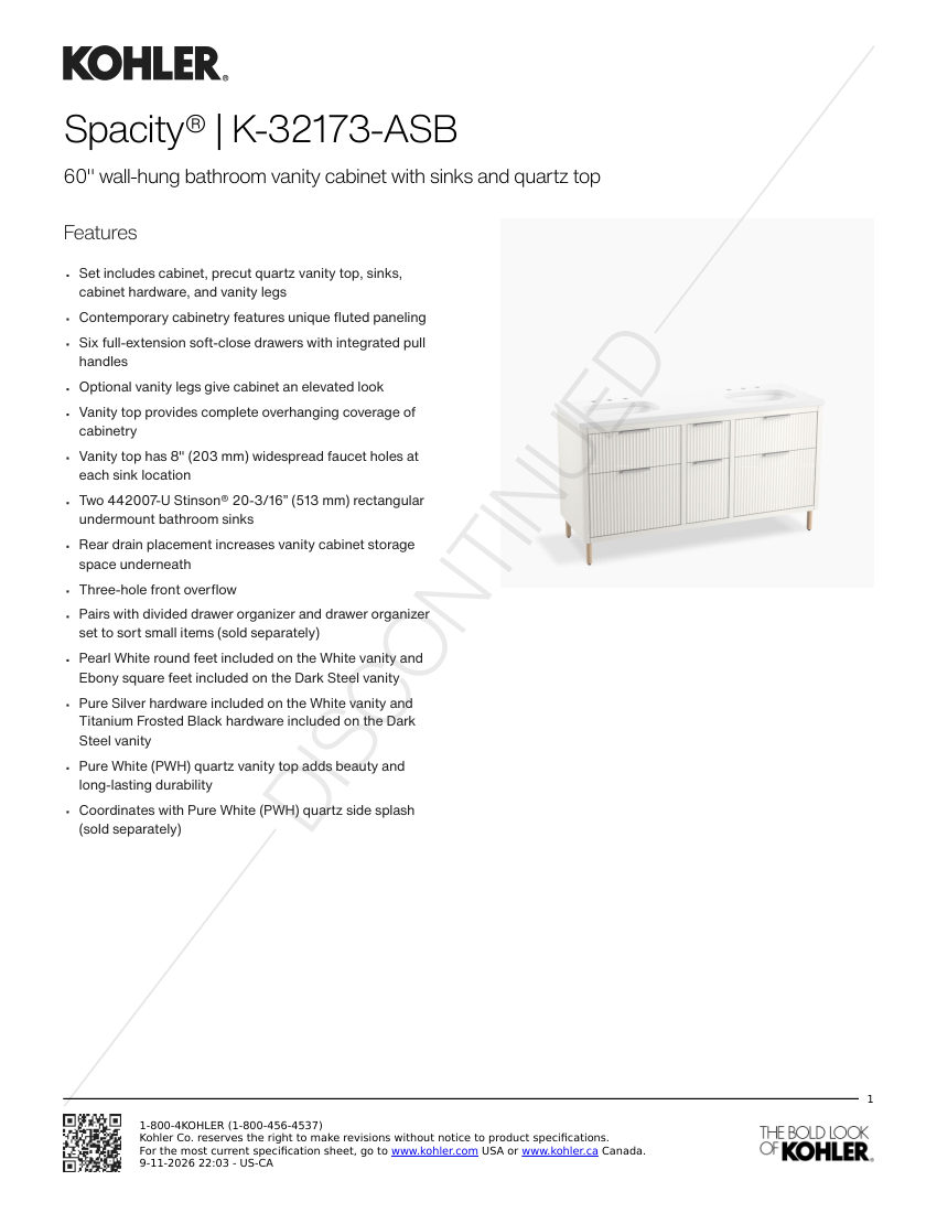 Kohler 32173-ASB cut sheet — first page