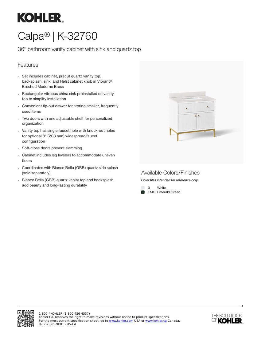 Kohler 32760 cut sheet — first page
