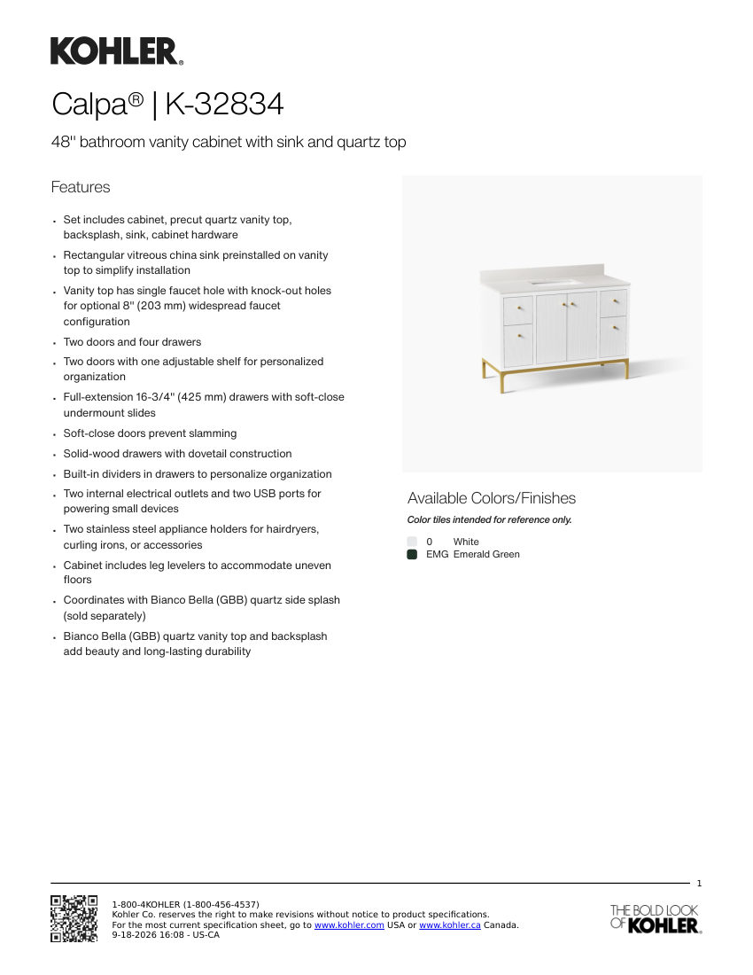 Kohler 32834 cut sheet — first page