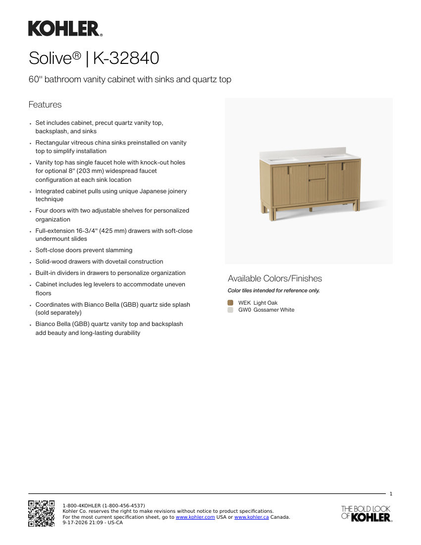 Kohler 32840 cut sheet — first page