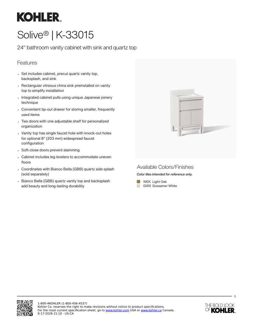 Kohler 33015 cut sheet — first page
