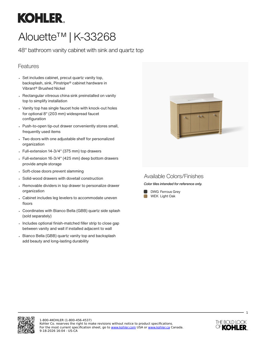 Kohler 33268 cut sheet — first page