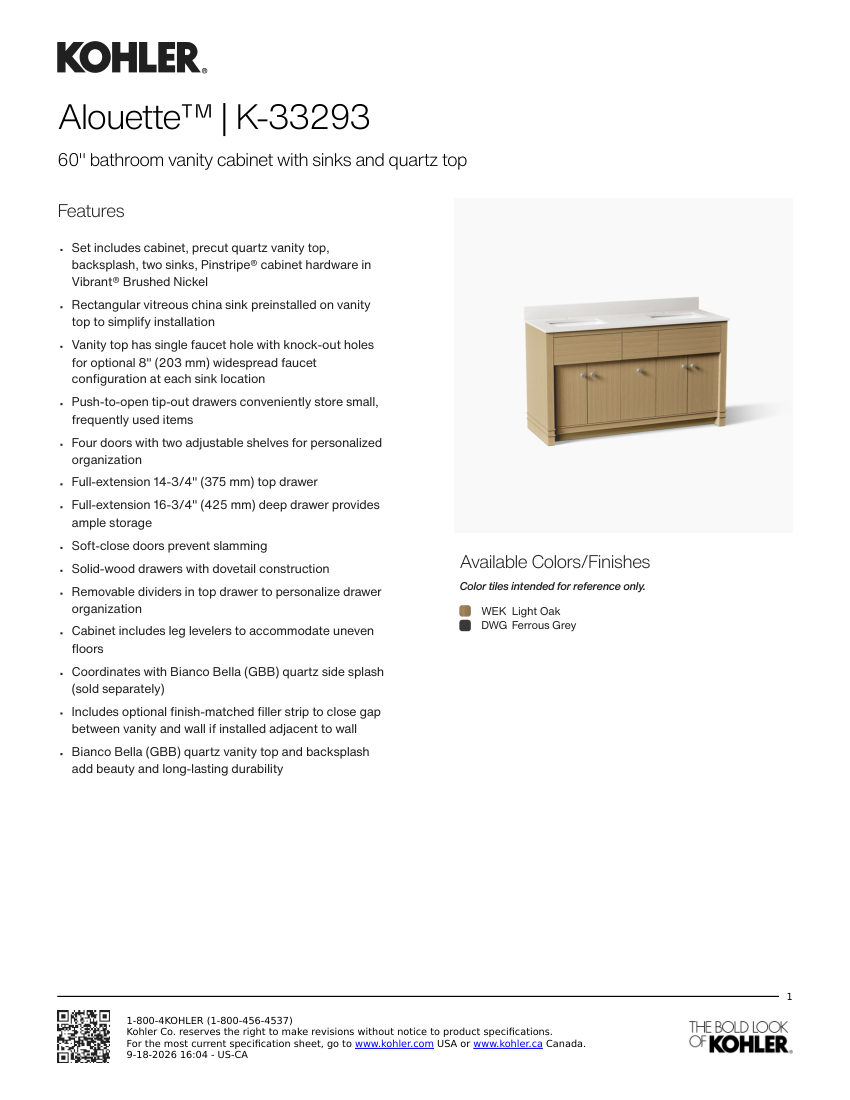 Kohler 33293 cut sheet — first page