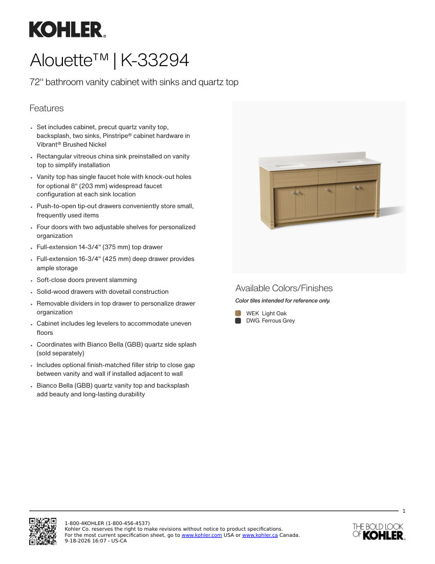 Kohler 33294 cut sheet — first page