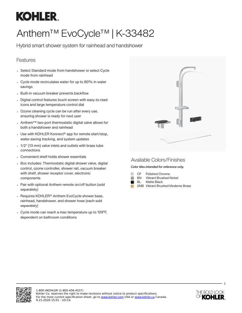 Kohler 33482 cut sheet — first page
