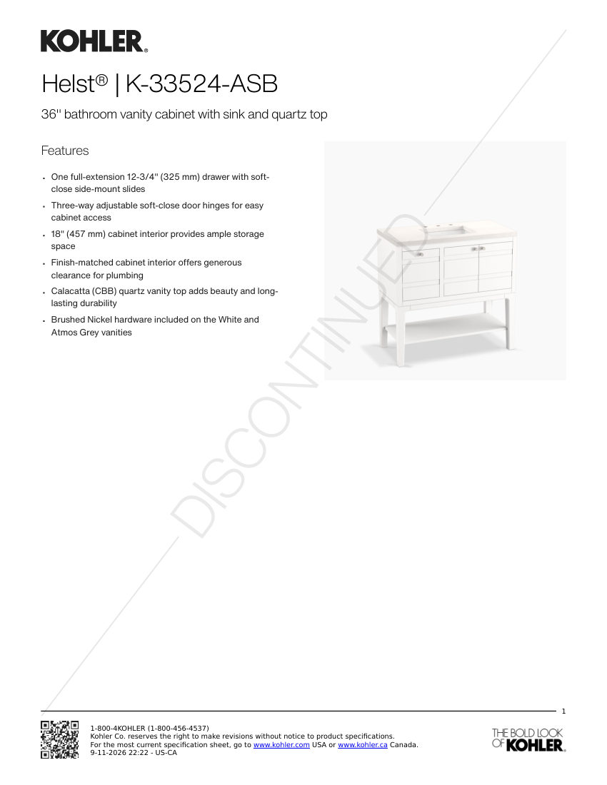 Kohler 33524-ASB cut sheet — first page