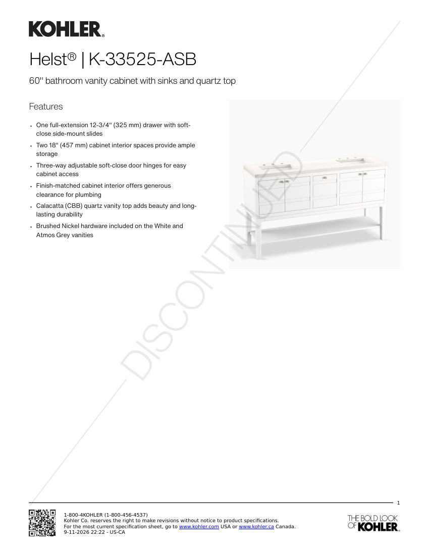 Kohler 33525-ASB cut sheet — first page
