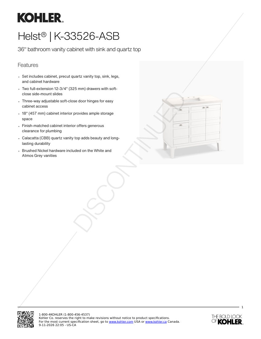 Kohler 33526-ASB cut sheet — first page