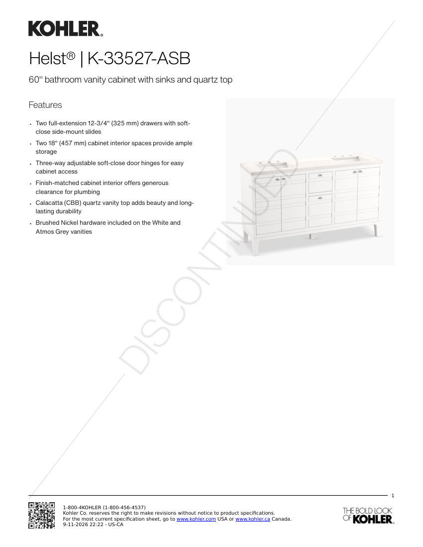Kohler 33527-ASB cut sheet — first page