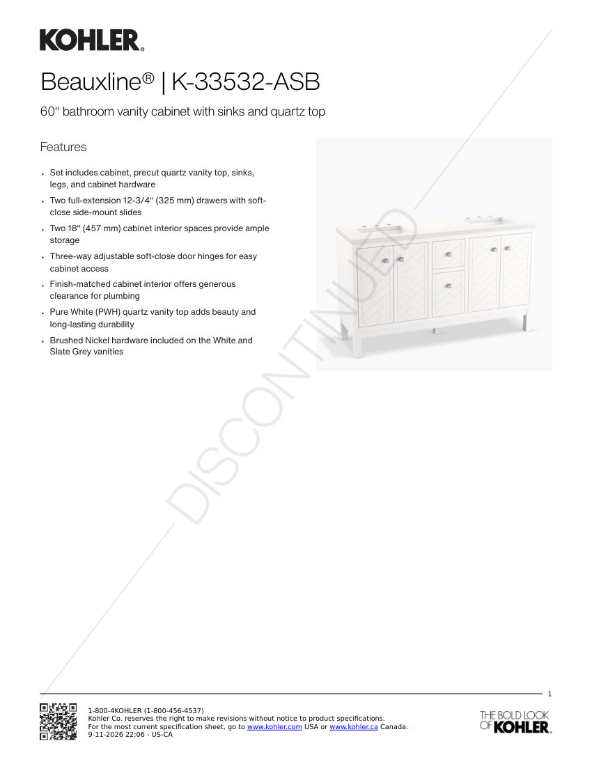 Kohler 33532-ASB cut sheet — first page
