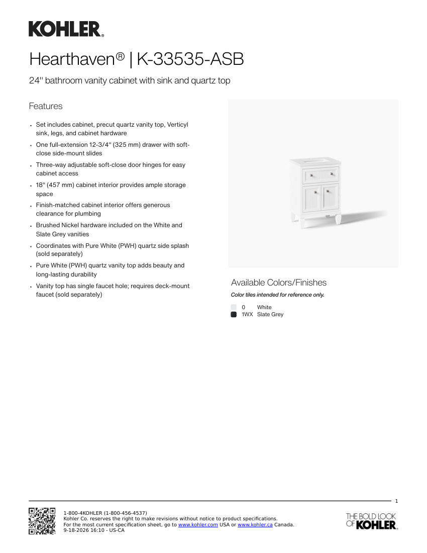 Kohler 33535-ASB cut sheet — first page