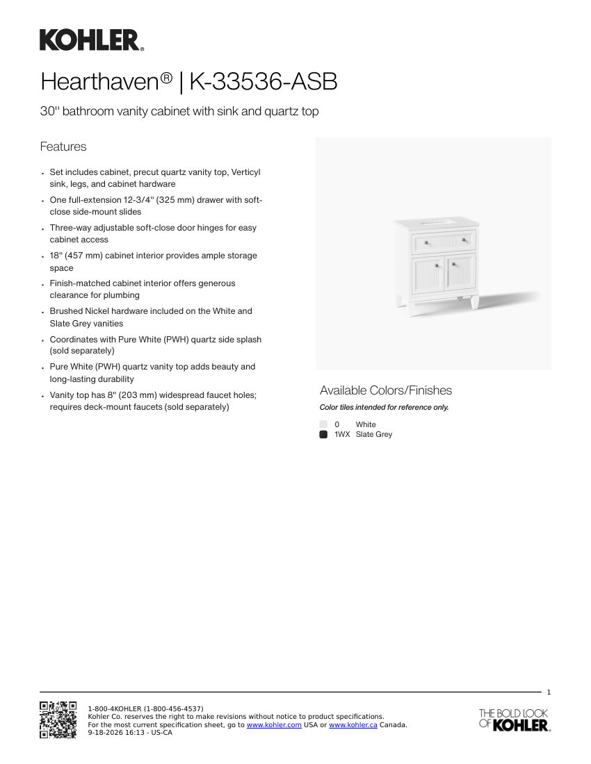 Kohler 33536-ASB cut sheet — first page