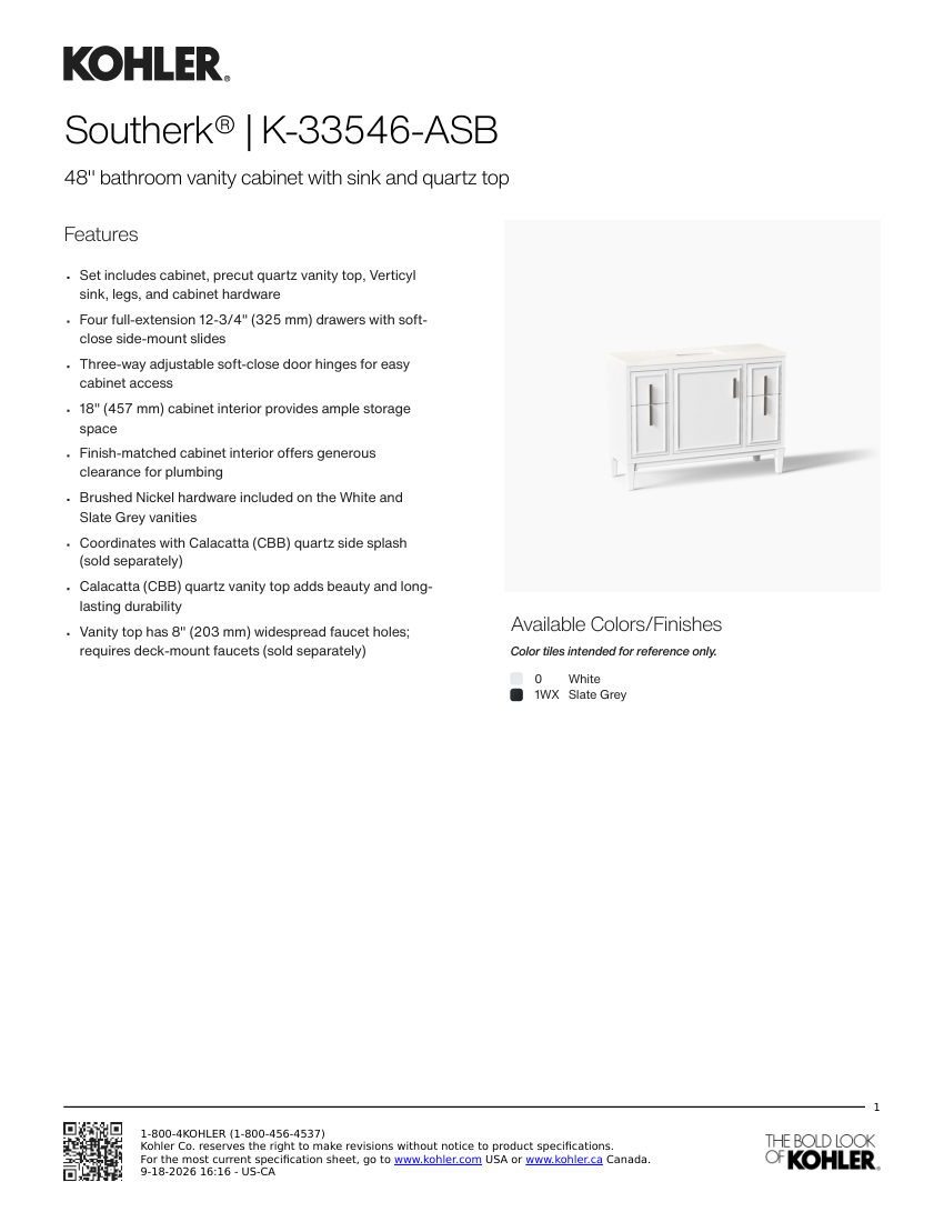 Kohler 33546-ASB cut sheet — first page