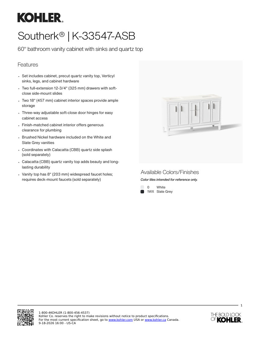 Kohler 33547-ASB cut sheet — first page