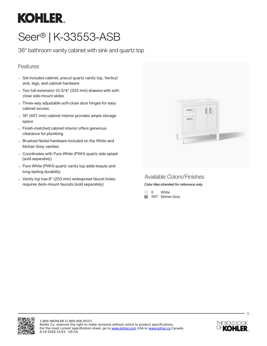 Kohler 33553-ASB cut sheet — first page