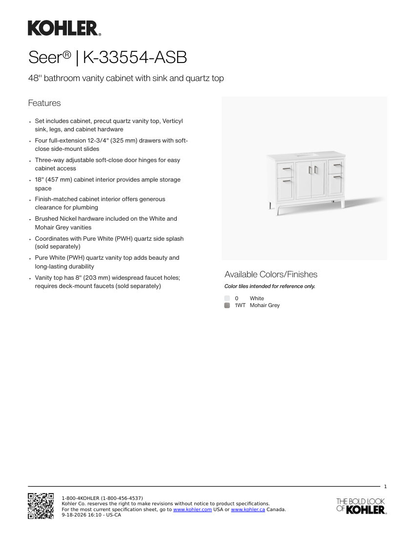 Kohler 33554-ASB cut sheet — first page