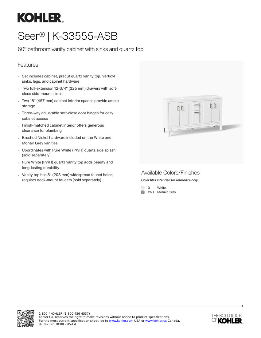 Kohler 33555-ASB cut sheet — first page