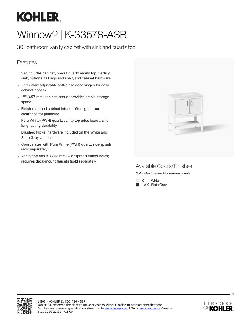 Kohler 33578-ASB cut sheet — first page