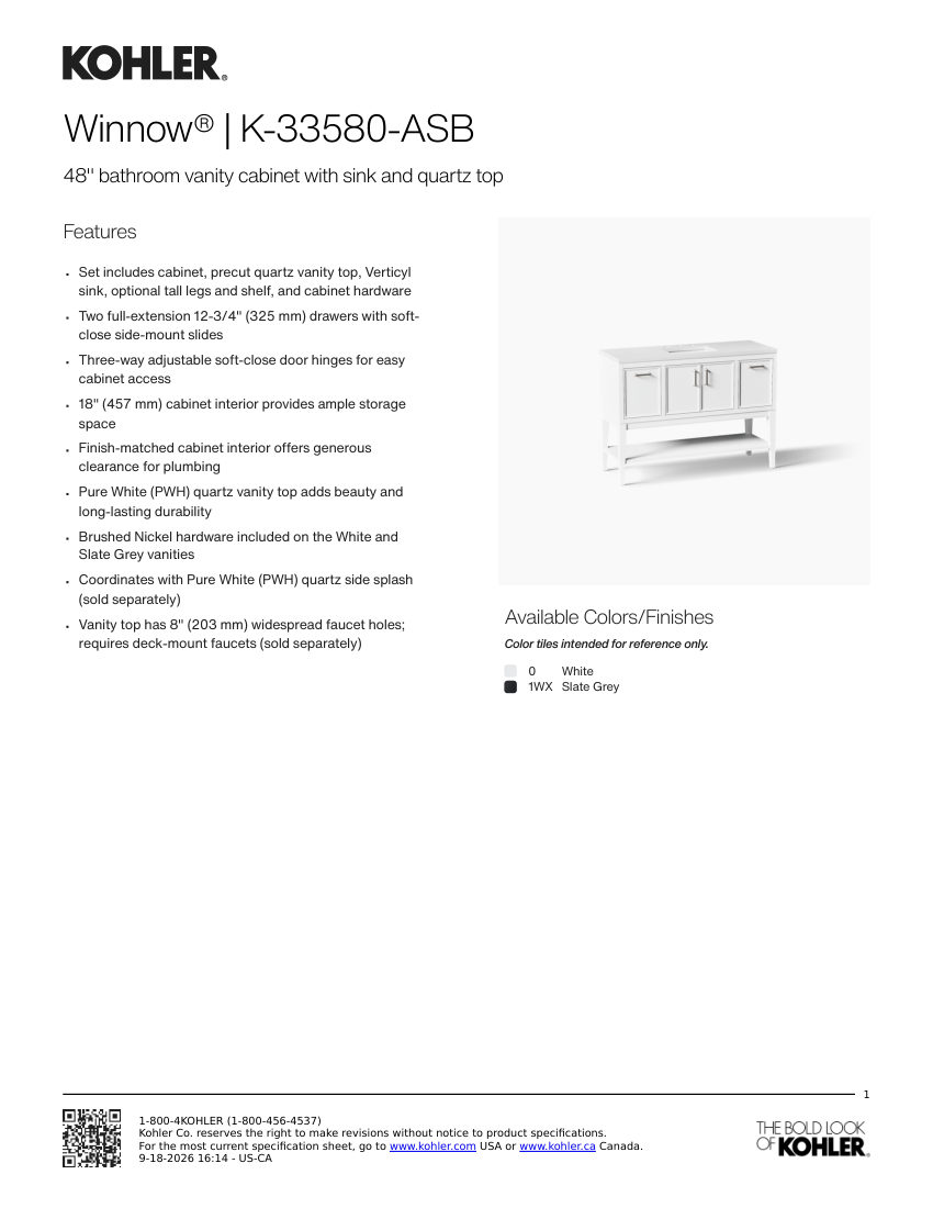 Kohler 33580-ASB cut sheet — first page