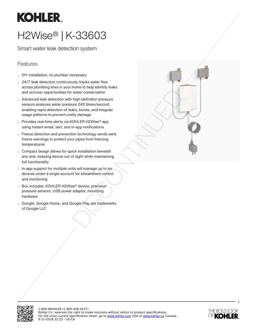 Kohler 33603 cut sheet — first page