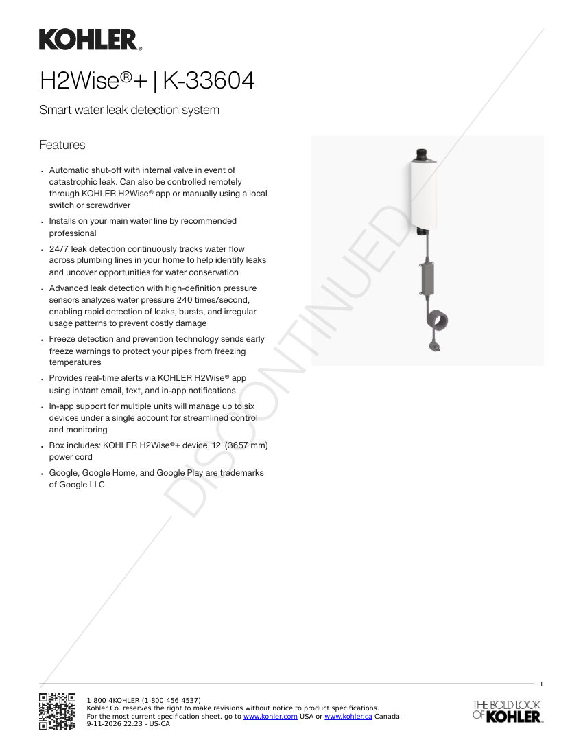 Kohler 33604 cut sheet — first page