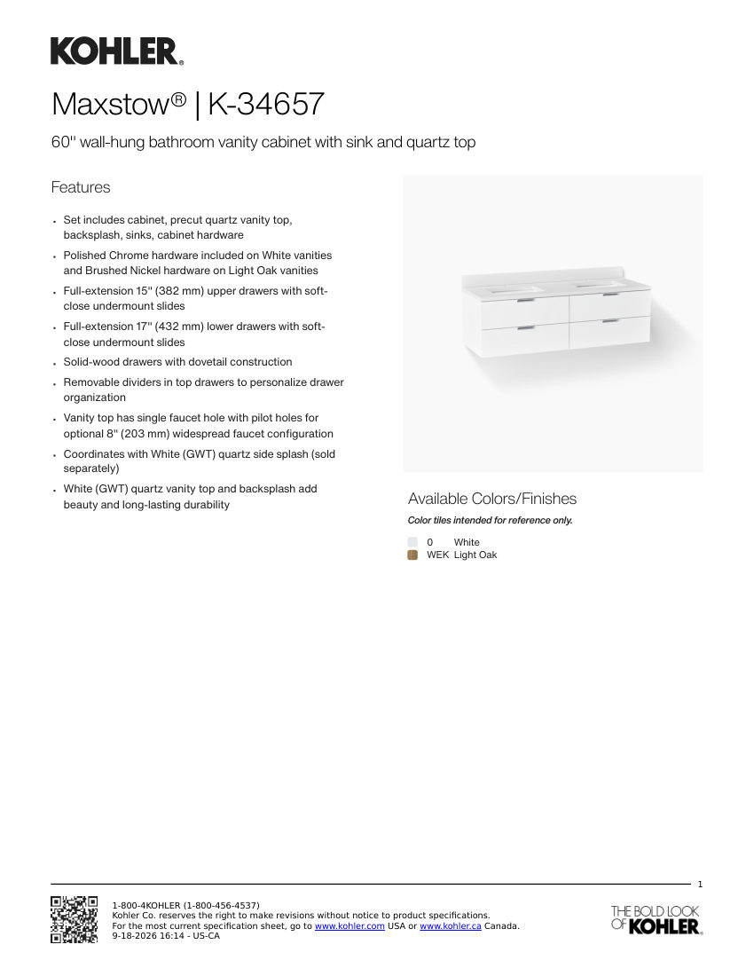 Kohler 34657 cut sheet — first page
