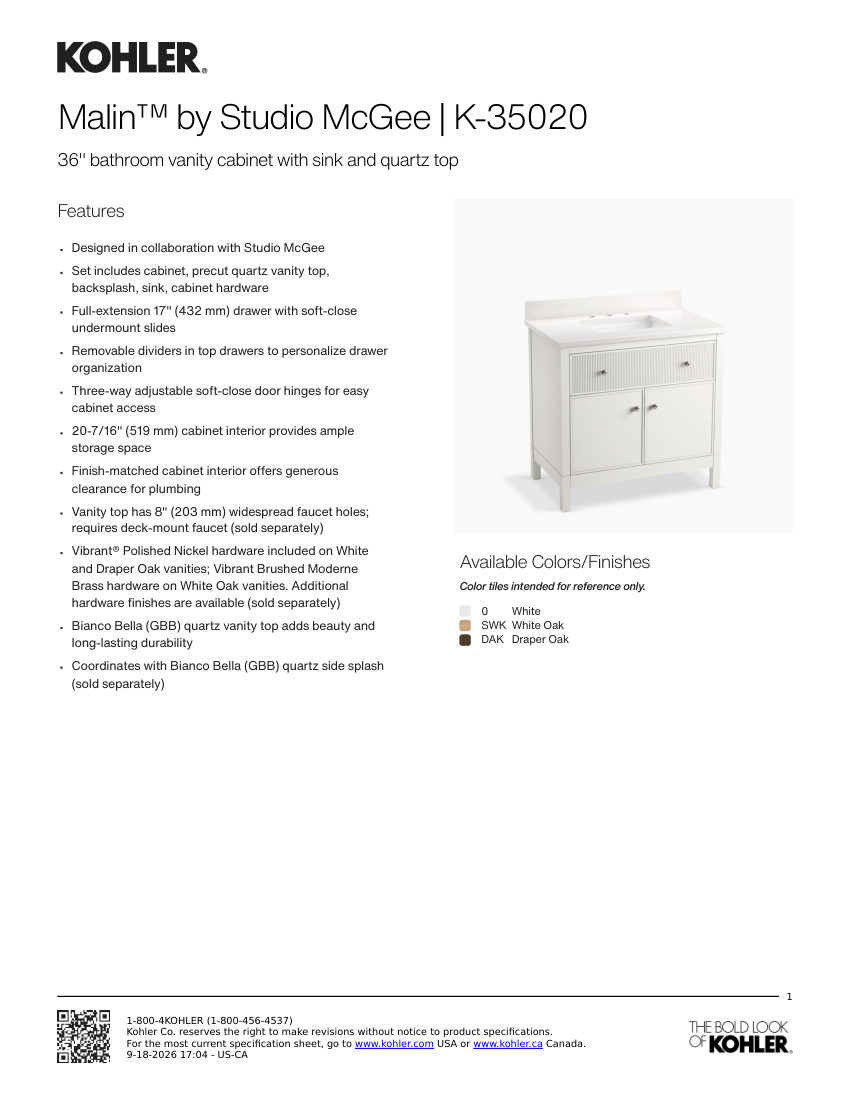 Kohler 35020 cut sheet — first page