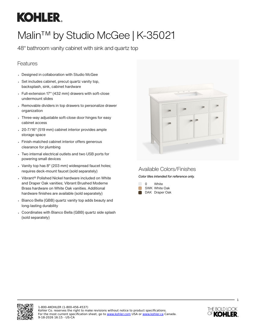 Kohler 35021 cut sheet — first page