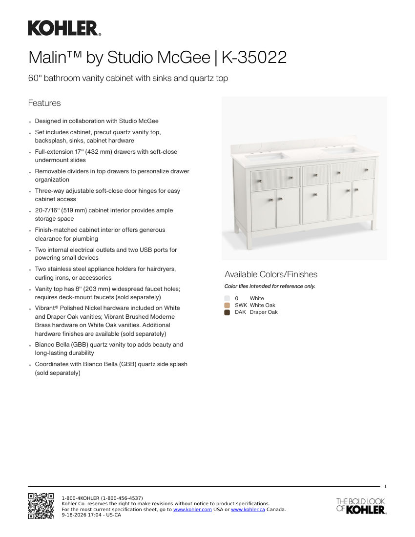 Kohler 35022 cut sheet — first page