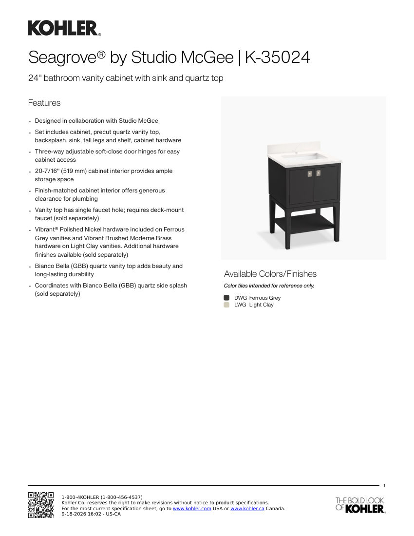 Kohler 35024 cut sheet — first page