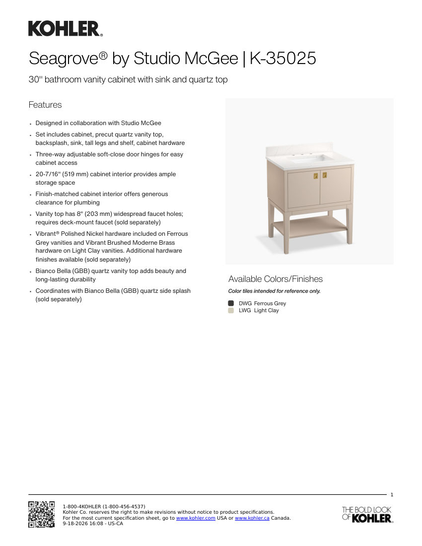 Kohler 35025 cut sheet — first page