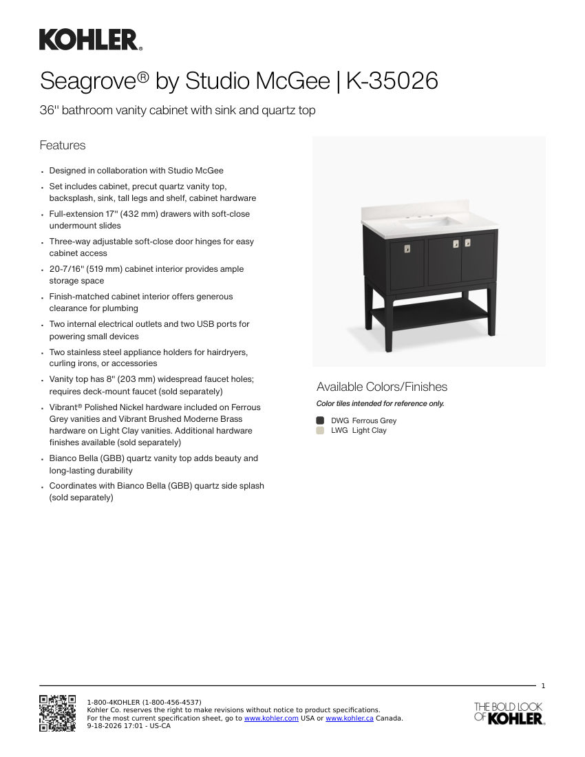 Kohler 35026 cut sheet — first page