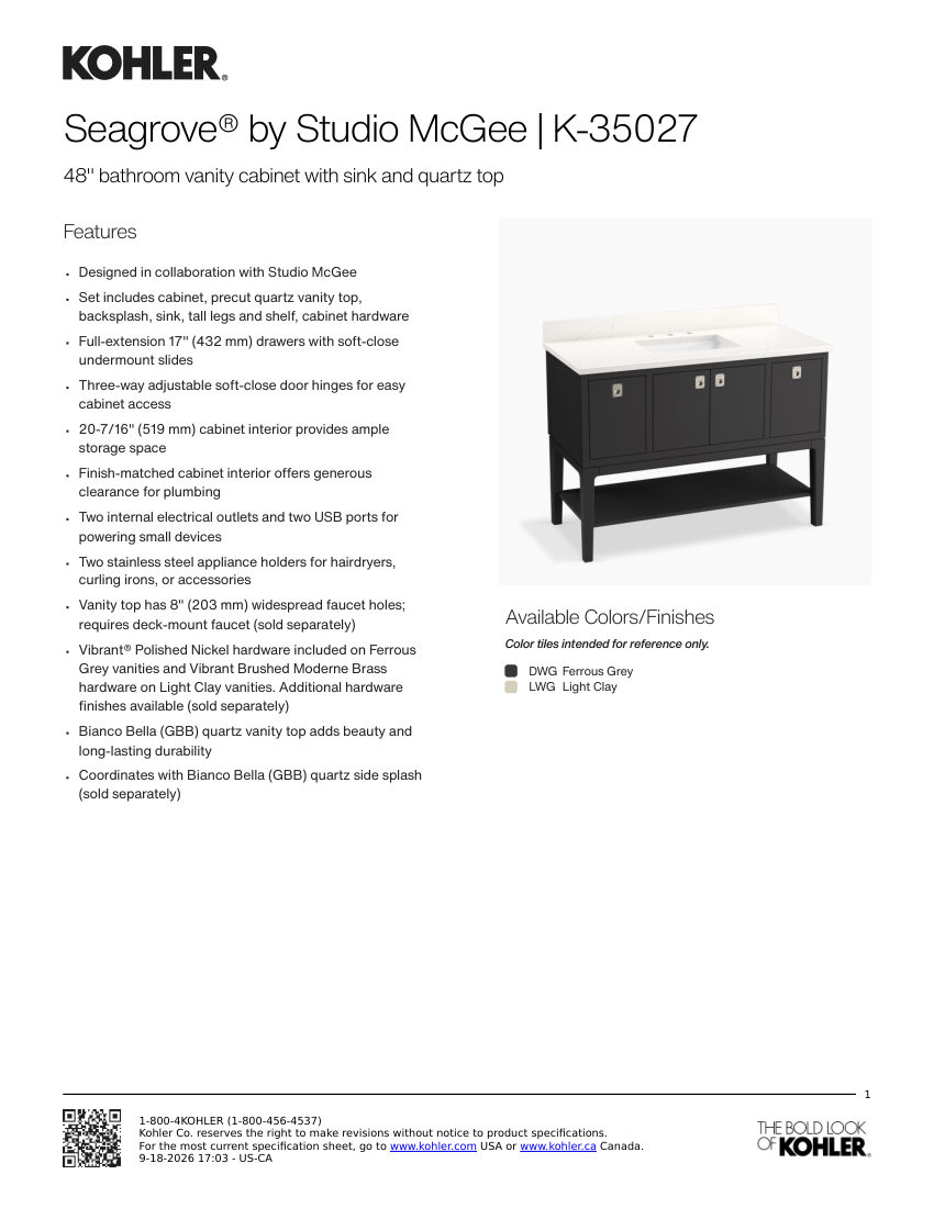 Kohler 35027 cut sheet — first page
