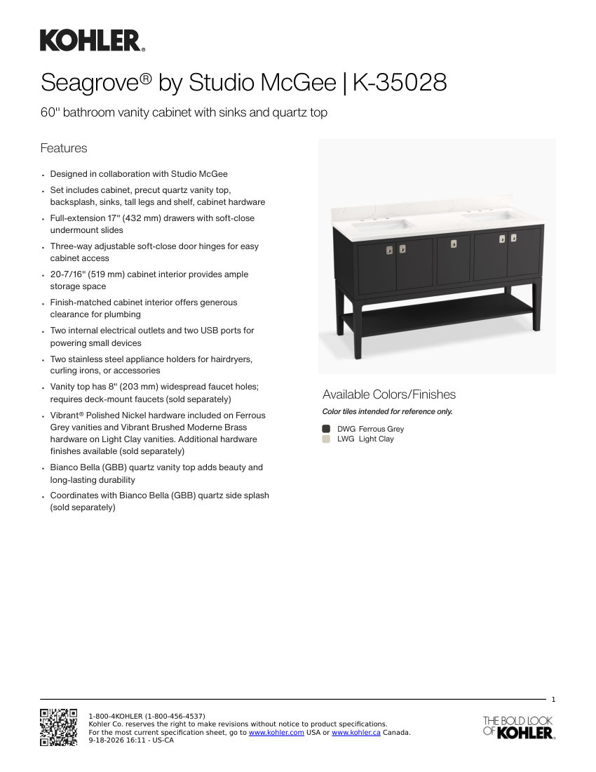 Kohler 35028 cut sheet — first page