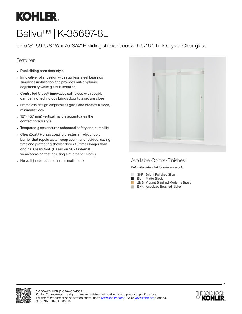Kohler 35697-8L cut sheet — first page