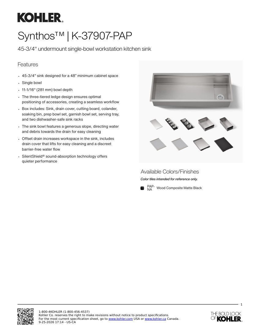 Kohler 37907-PAP cut sheet — first page