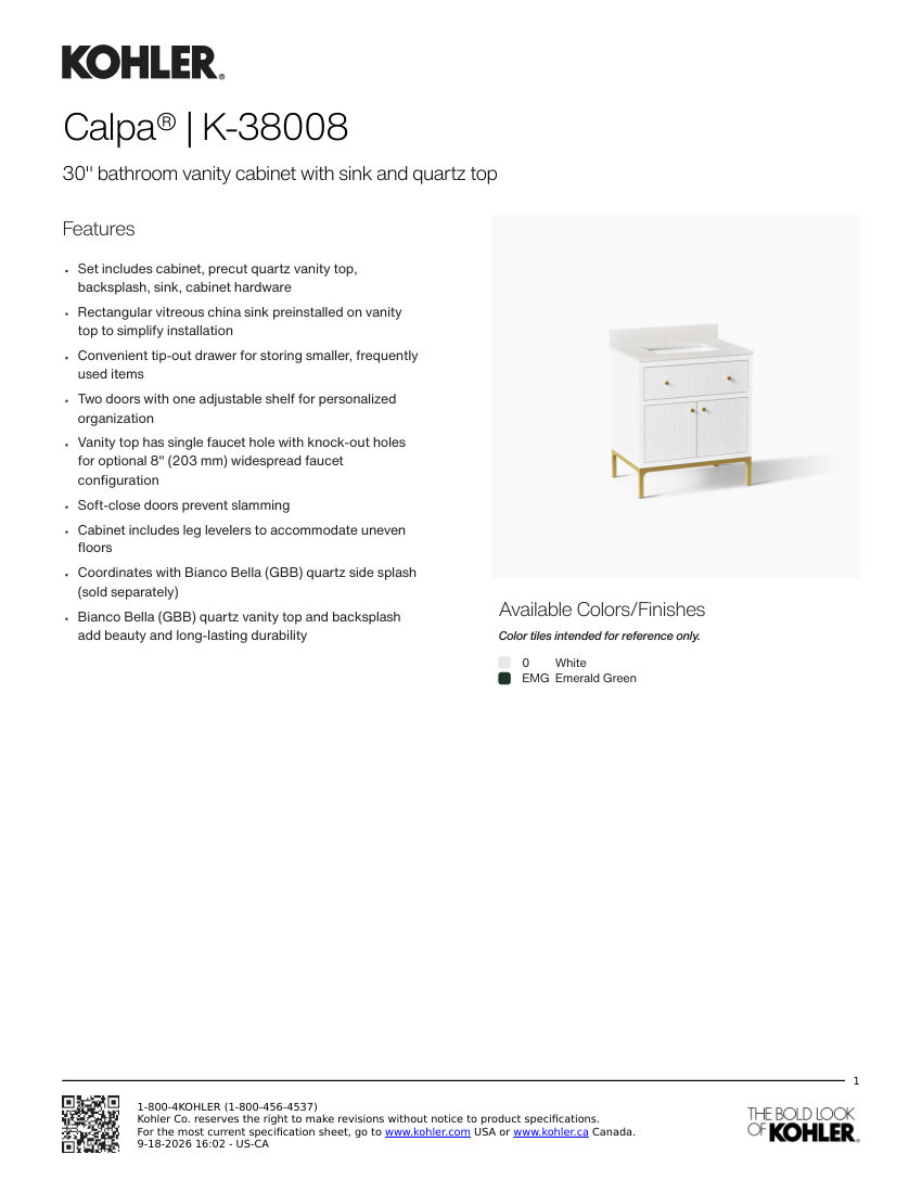 Kohler 38008 cut sheet — first page