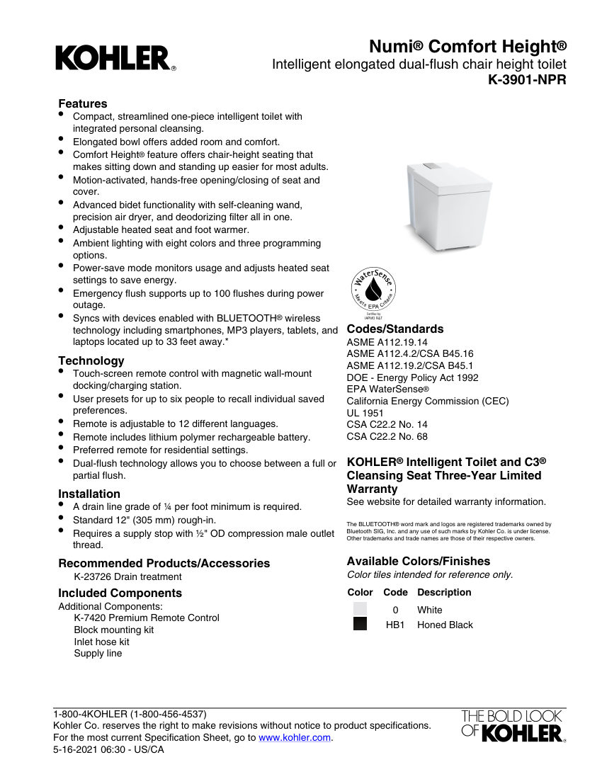 Kohler 3901-NPR cut sheet — first page