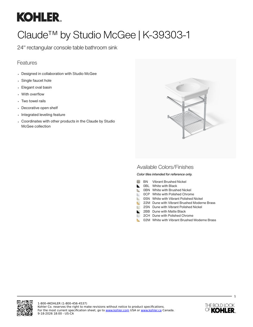 Kohler 39303-1 cut sheet — first page