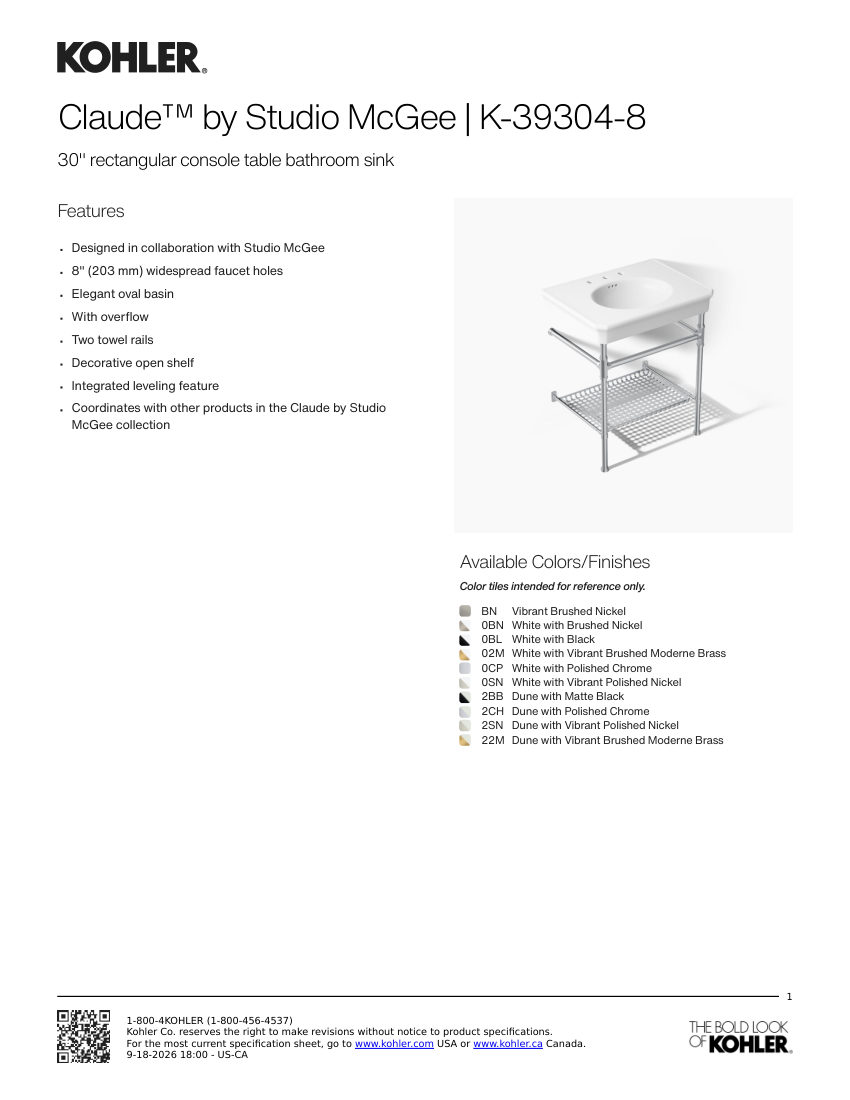 Kohler 39304-8 cut sheet — first page