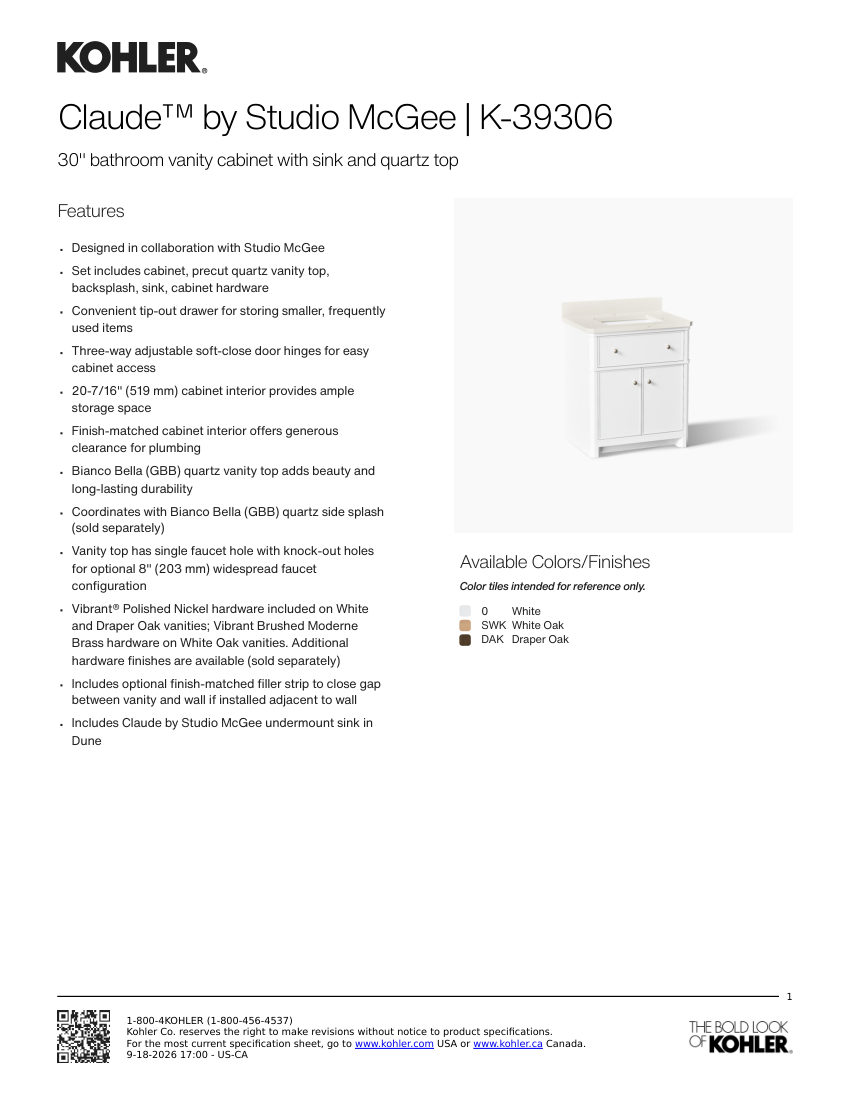 Kohler 39306 cut sheet — first page