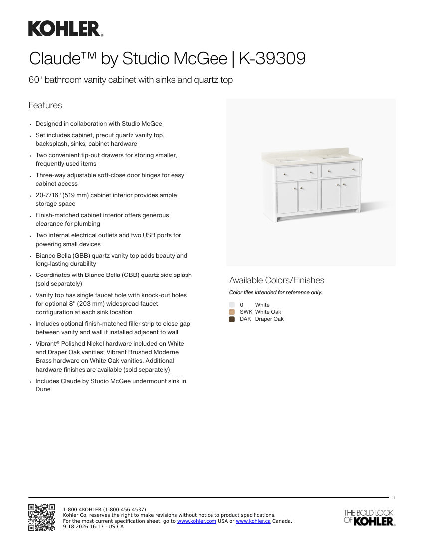 Kohler 39309 cut sheet — first page
