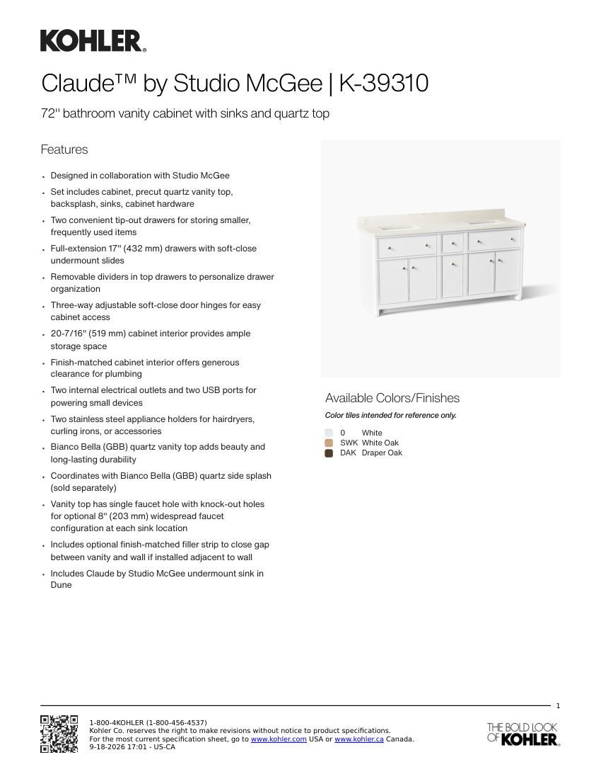 Kohler 39310 cut sheet — first page