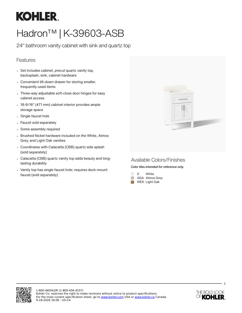 Kohler 39603-ASB cut sheet — first page