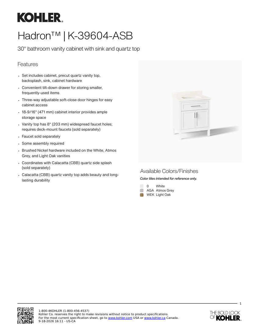 Kohler 39604-ASB cut sheet — first page
